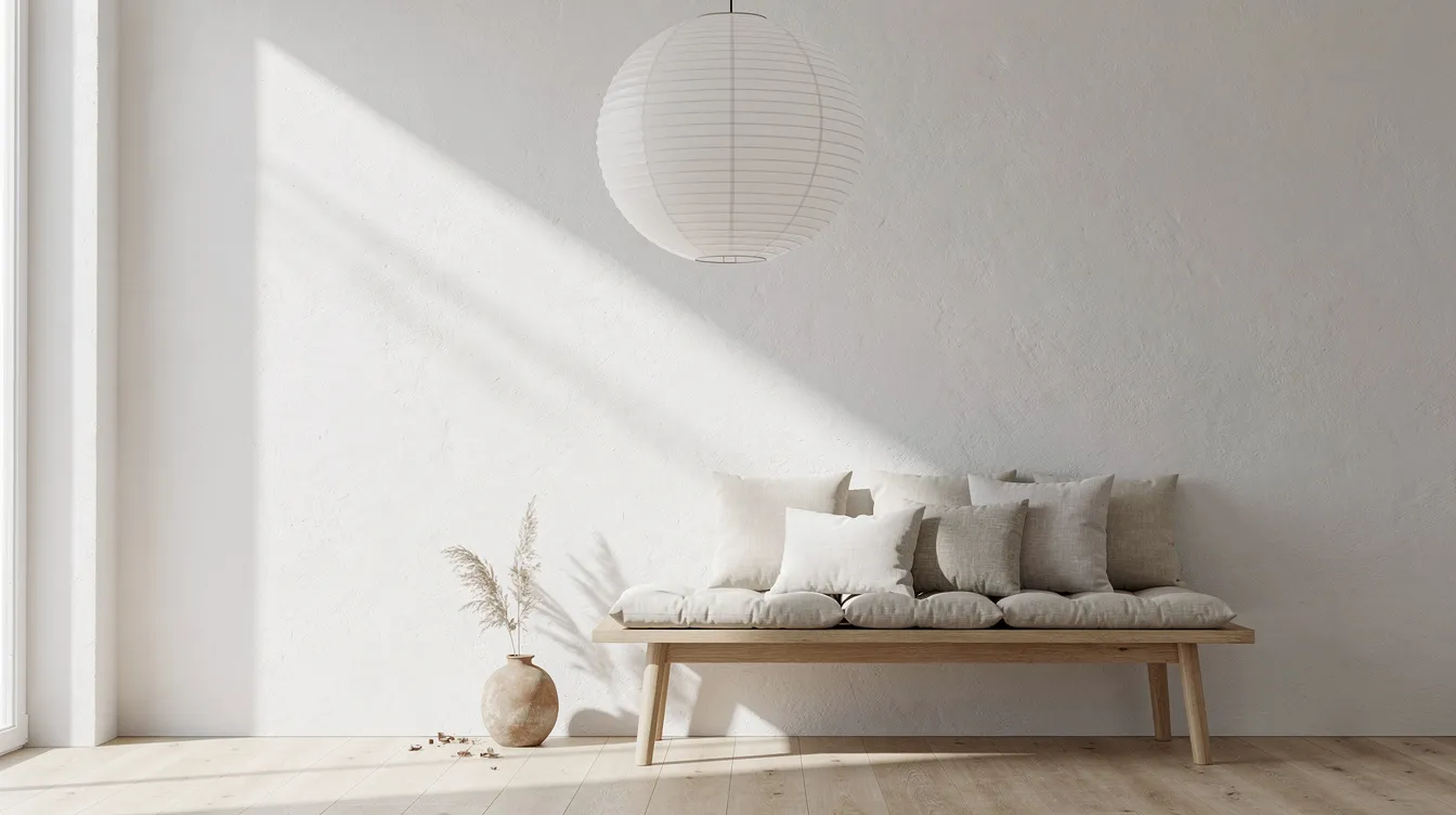 Een lichte woonkamer in japandi stijl met een lage houten bank, bekleed met linnen kussens in zachte tinten. De grote papieren hanglamp en het wollen vloerkleed dragen bij aan de serene sfeer en de natuurlijke uitstraling van de ruimte.
