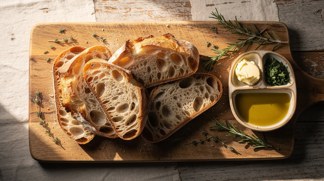 The image features a rustic wooden board displaying slices of fresh sourdough bread, accompanied by a small dish filled with creamy butter, rich olive oil, and a sprinkle of fresh herbs, creating an inviting and flavorful presentation. The warm tones of the bread contrast beautifully with the vibrant green of the herbs, enhancing the overall rustic charm. Sourdough Bread
