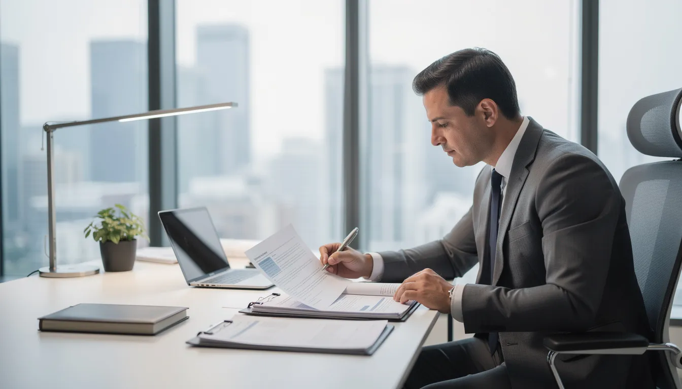 A business owner is seated at a professional desk, carefully reviewing documents related to their retirement planning, including investment strategies and retirement account options. This setting reflects the importance of seeking legal or tax advice to ensure effective management of retirement savings and achieving future financial goals.