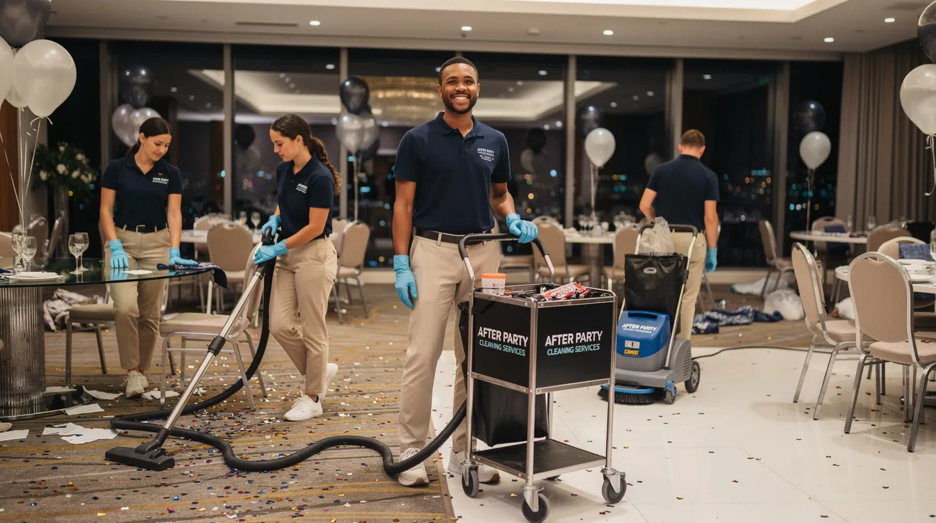 A team of professional after party cleaners is efficiently tidying up a space after an event, focusing on hard floors and surfaces while ensuring high standards of cleanliness. They are engaged in tasks such as vacuuming, mopping, and organizing dishes and rubbish, demonstrating their extensive experience in providing reliable party cleaning services.