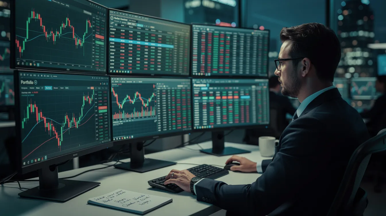A trader is intently monitoring multiple computer screens displaying various charts and portfolio data, analyzing market sentiment and technical indicators to make informed decisions about potential bullish reversals and manage risk effectively in a volatile stock market. The screens show candlestick patterns, including doji formations, reflecting the trading session's dynamics and market momentum.