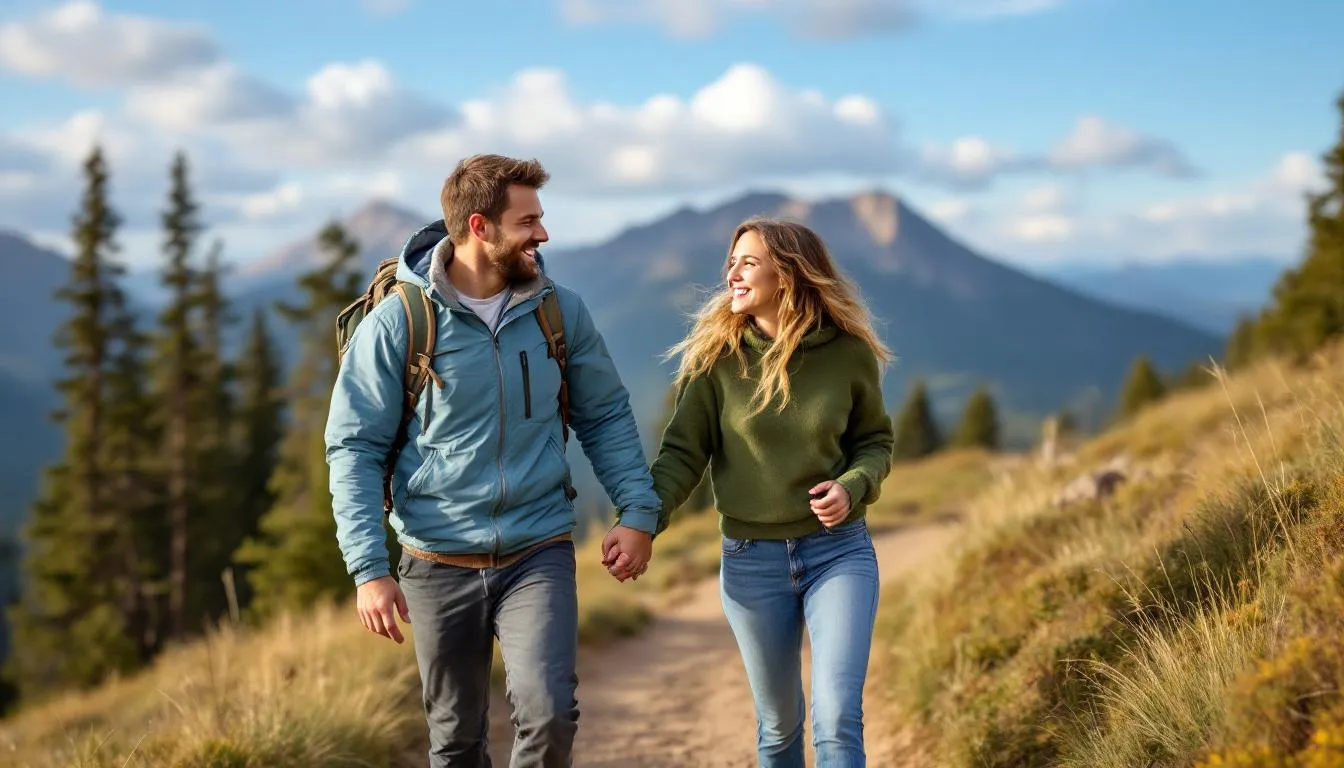 A couple enjoying an adventure day together, representing experience-based anniversary gifts.
