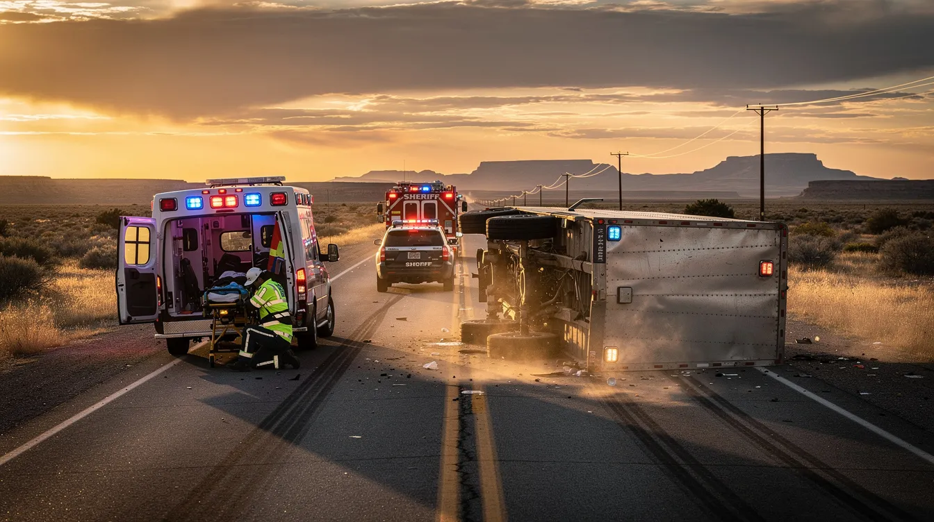 The image depicts an emergency medical scene on a rural West Texas highway, featuring multiple emergency vehicles surrounding an overturned large commercial truck. This truck accident scene highlights the serious injuries and urgent medical attention required for accident victims, emphasizing the potential need for a Midland truck accident lawyer to navigate the complexities of personal injury claims and insurance coverage.