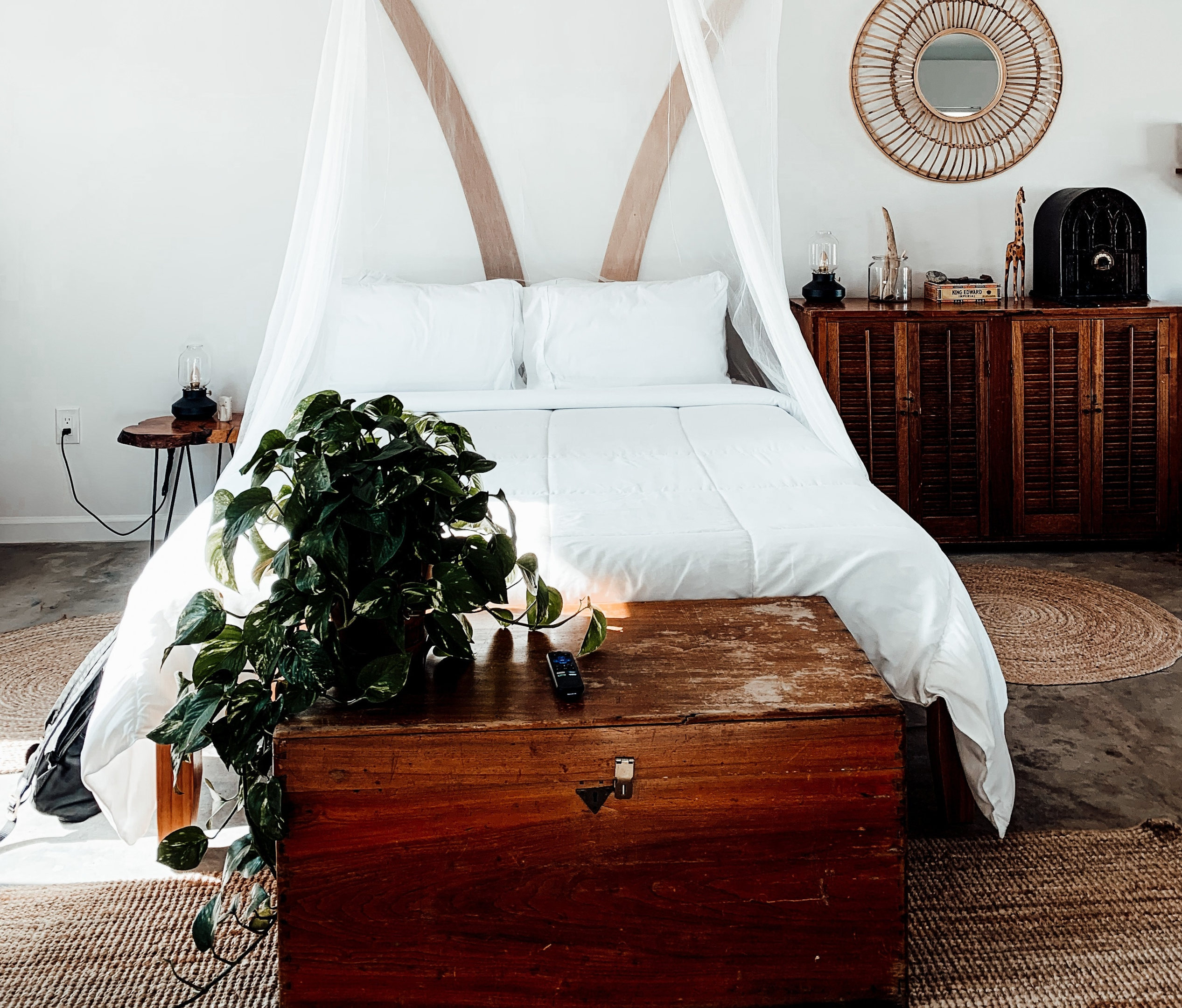 white canopy bed wooden chest and plant