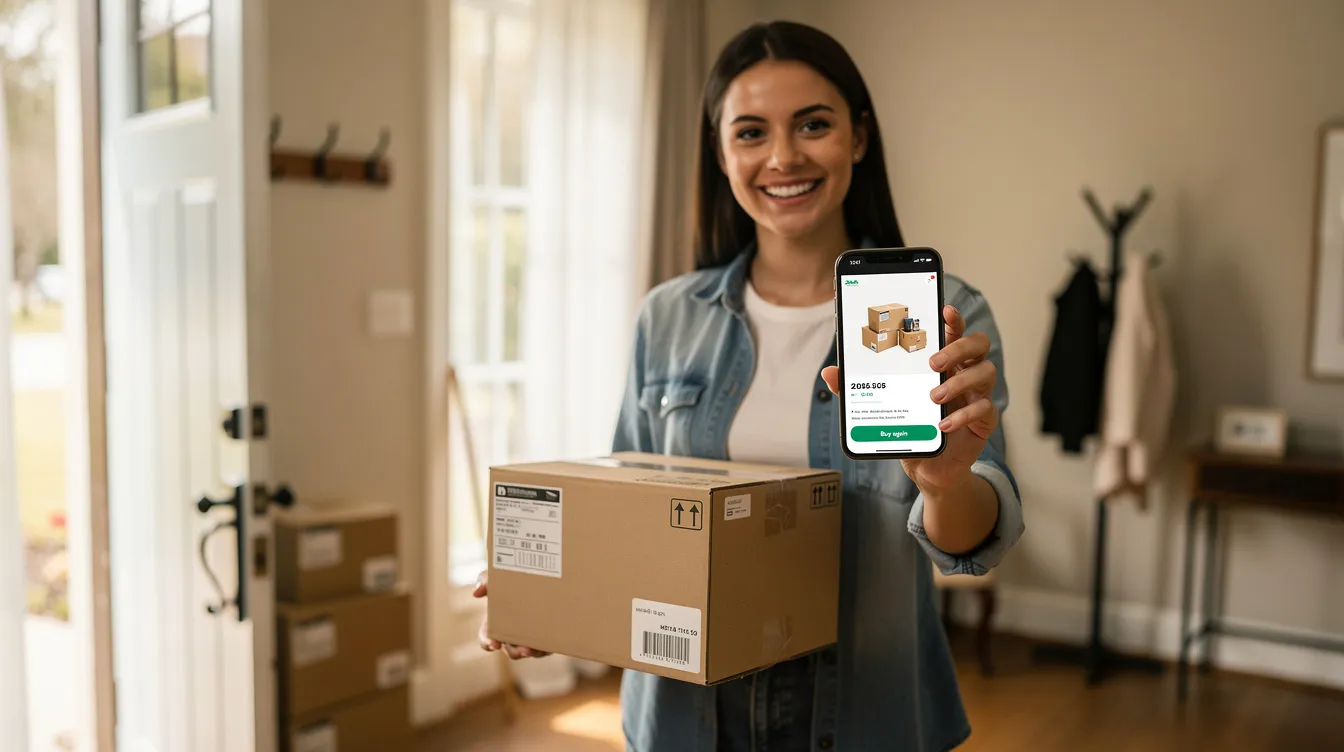 A customer stands outside, holding a recently delivered package in one hand while using a smartphone to check a product online. This scene reflects the modern online shopping experience, where mobile devices play a crucial role in enhancing customer engagement and reducing cart abandonment rates.
