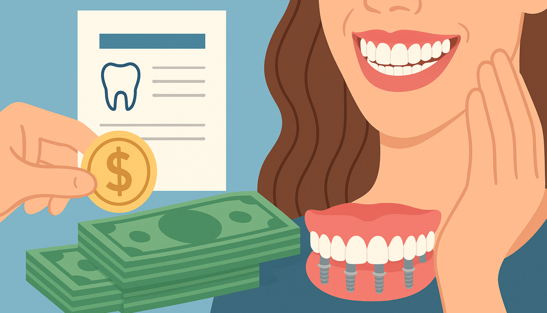 Nye tenner i hele munnen pris: Hva koster et nytt smil 2 Illustrasjon av kostnader for nye tenner med implantater, penger og smilende kvinne som viser resultatet.
