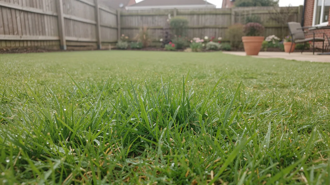 The image depicts a lush green lawn in a typical UK back garden, showcasing healthy grass blades and vibrant greenery. The well-maintained lawn reflects effective lawn care practices, promoting strong root growth and creating an inviting outdoor space.