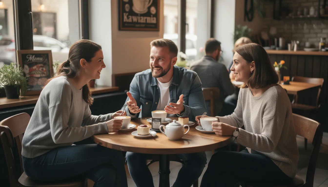Na obrazku widzimy grupę osób siedzących przy stoliku w kawiarni, rozmawiających ze sobą w przyjaznej atmosferze. W ich rozmowie mogą pojawiać się popularne zwroty w języku hiszpańskim, takie jak "hasta luego" czy "buenos días".