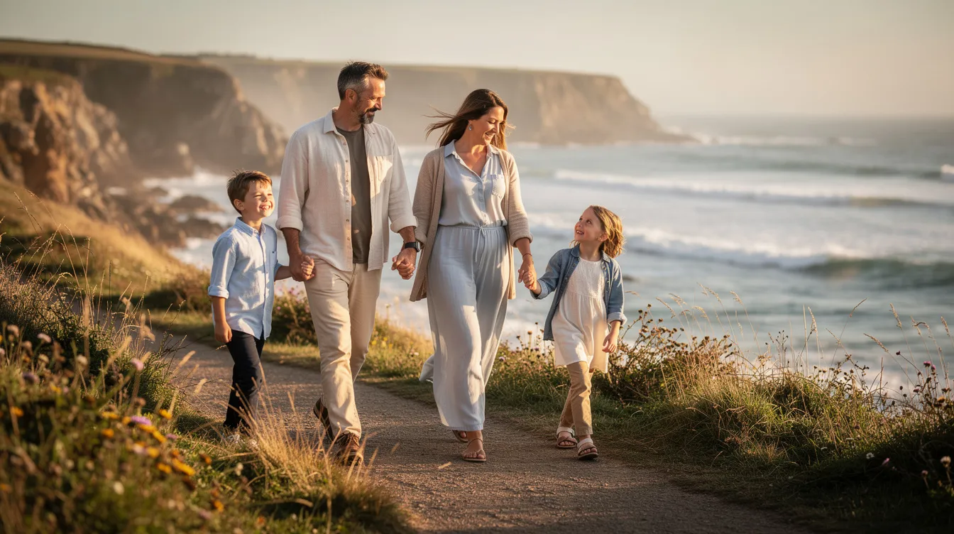 A supportive family walks together along a coastal path, enjoying each other's company and the natural scenery. This image reflects the importance of family support in navigating mental health challenges and finding treatment resources.