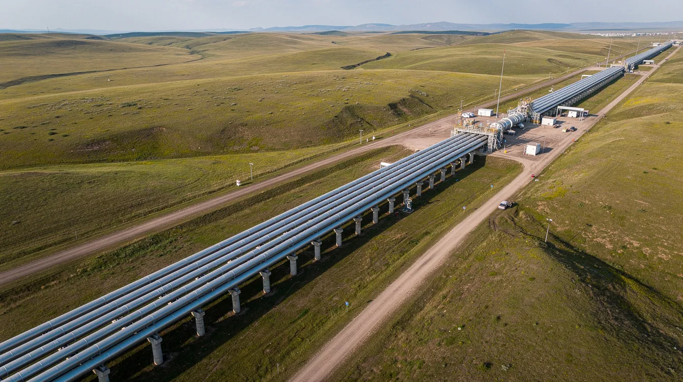 An aerial view showcases a natural gas pipeline infrastructure traversing open terrain, highlighting the extensive energy sector and its vital role in project development. This image reflects the integration of natural gas assets within energy projects, emphasizing the importance of regulatory compliance and infrastructure in the energy industry.