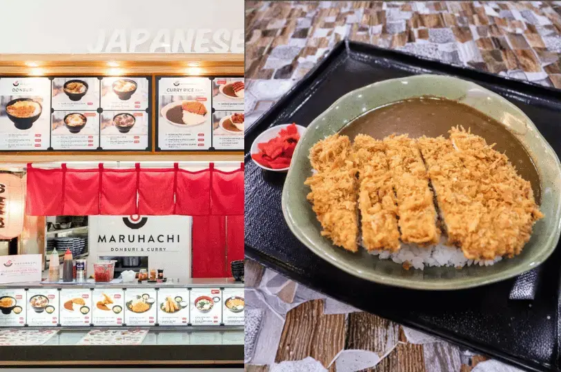 A split image showing the Maruhachi Donburi & Curry food stall decorated with traditional red noren curtains, next to a comforting bowl of golden-brown pork katsu Japanese curry rice.