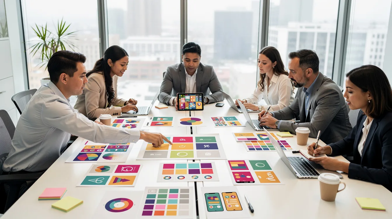 A diverse group of professionals is gathered around a table, actively reviewing colorful brand materials and design mockups, showcasing various graphic design services. The scene highlights collaboration in developing brand identity and marketing materials, emphasizing the importance of visual communication in digital marketing strategies.