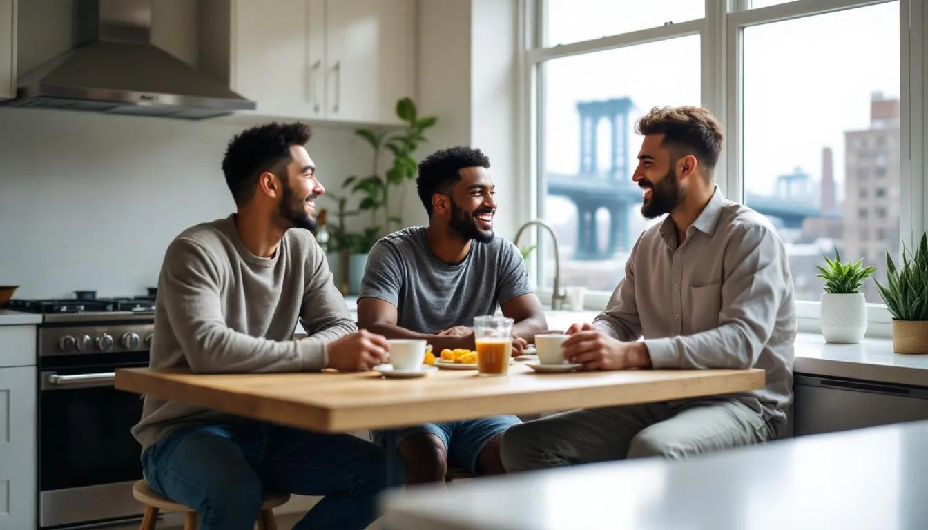 In a bright kitchen in DUMBO, three attractive gay men of diverse backgrounds share breakfast while planning their day together, with the iconic Manhattan Bridge visible through the window. Their open and honest communication reflects their throuple relationship, as they enjoy each other's company and discuss their lives together.