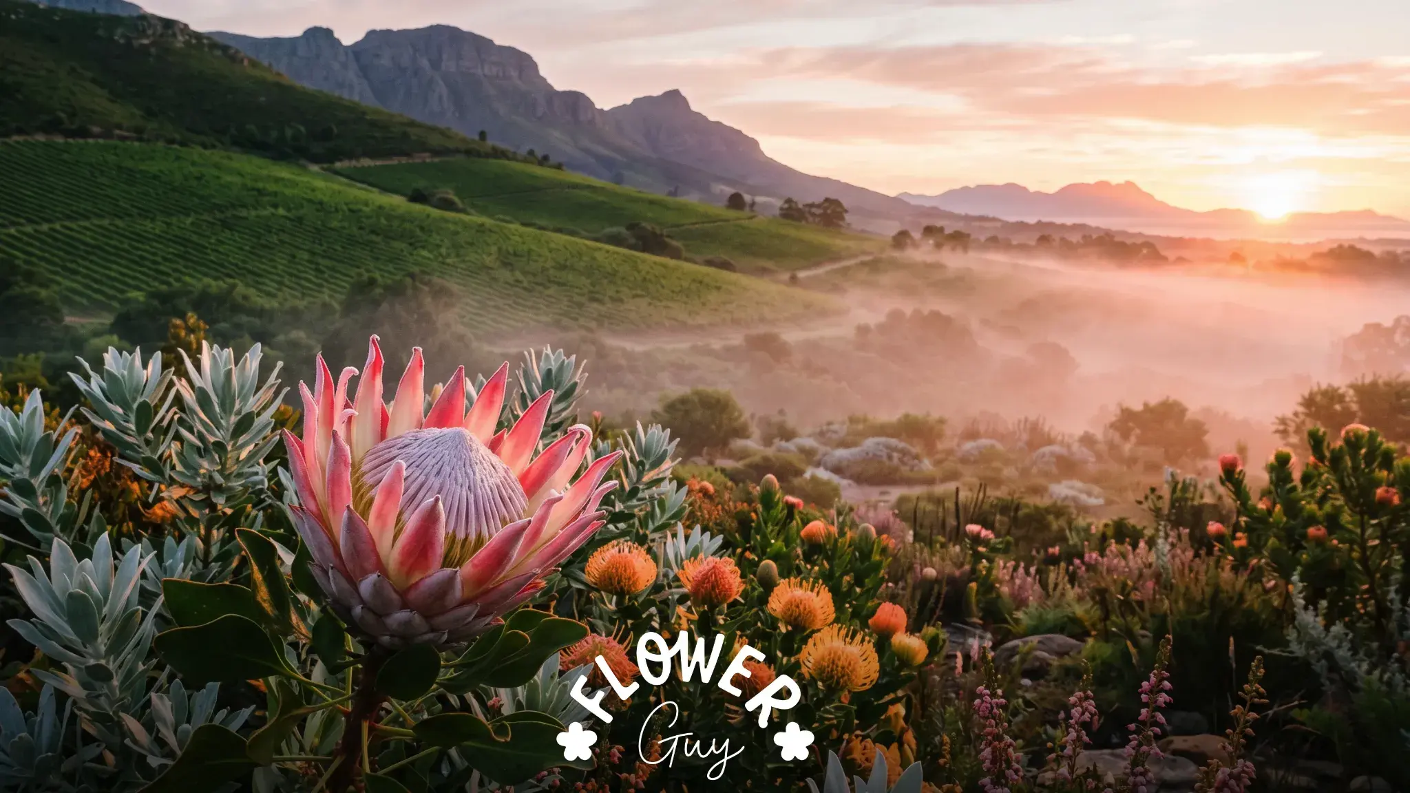 King protea in full bloom at dawn in a Constantia fynbos garden, surrounded by pincushion proteas and silver foliage