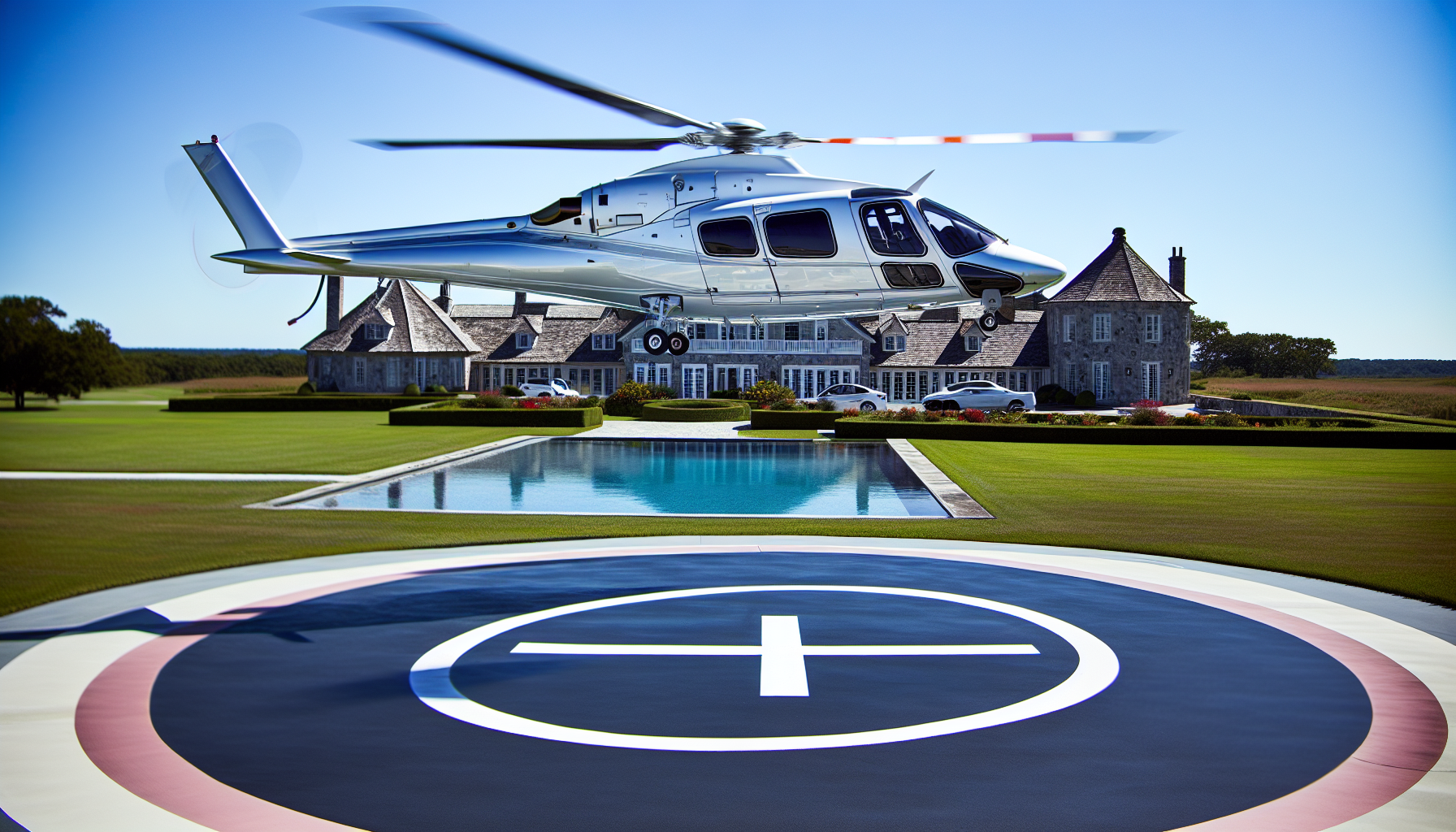 Sikorsky S-76 helicopter landing in a luxurious resort