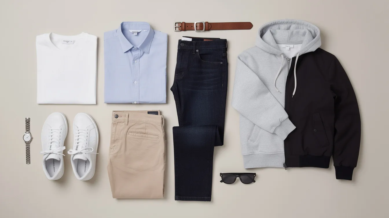 A flat-lay arrangement of various clothing items, including vintage and trendy pieces, is displayed for product photography, showcasing options for casual sellers looking to sell clothing online through multiple apps and platforms. The image highlights the appeal of local transactions and the potential for deep discounts, making it ideal for local buyers on platforms like Facebook Marketplace.