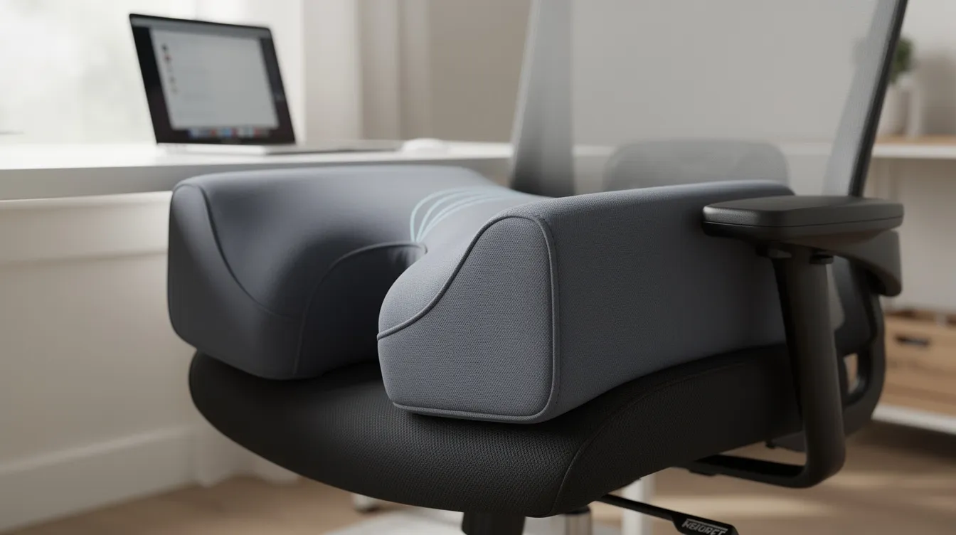 The image depicts a specialized BBL recovery cushion designed with a cut-out that alleviates pressure on the buttocks while placed on an office chair, aiding in the recovery process after a Brazilian butt lift. This cushion is essential for promoting circulation and minimizing swelling during the initial weeks post-surgery, ensuring proper healing and optimal results.