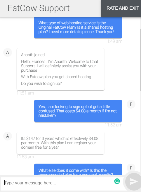 Screenshot of our conversation with FatCow support