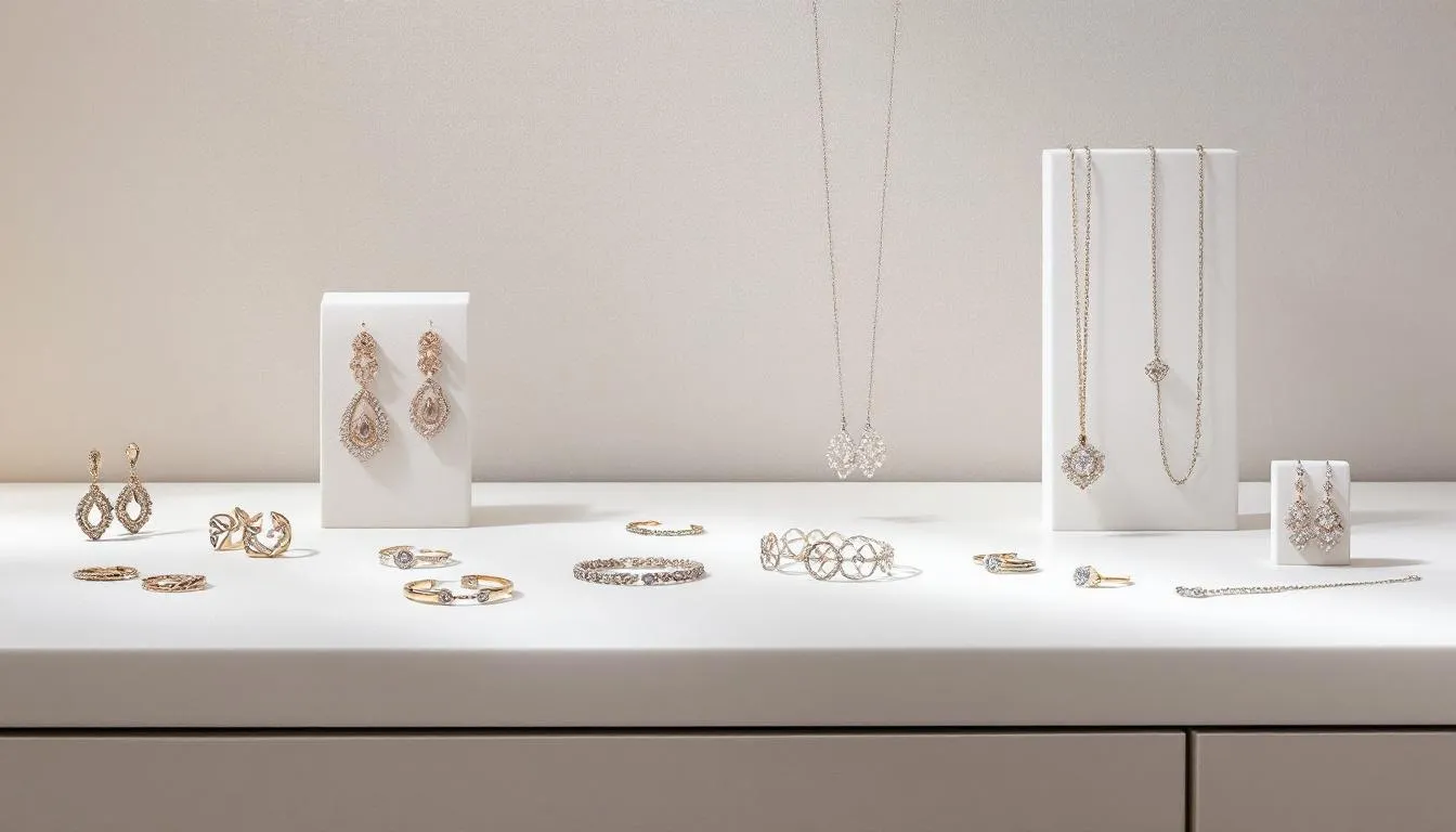 A beautiful display of in-store jewelry including earrings and necklaces.