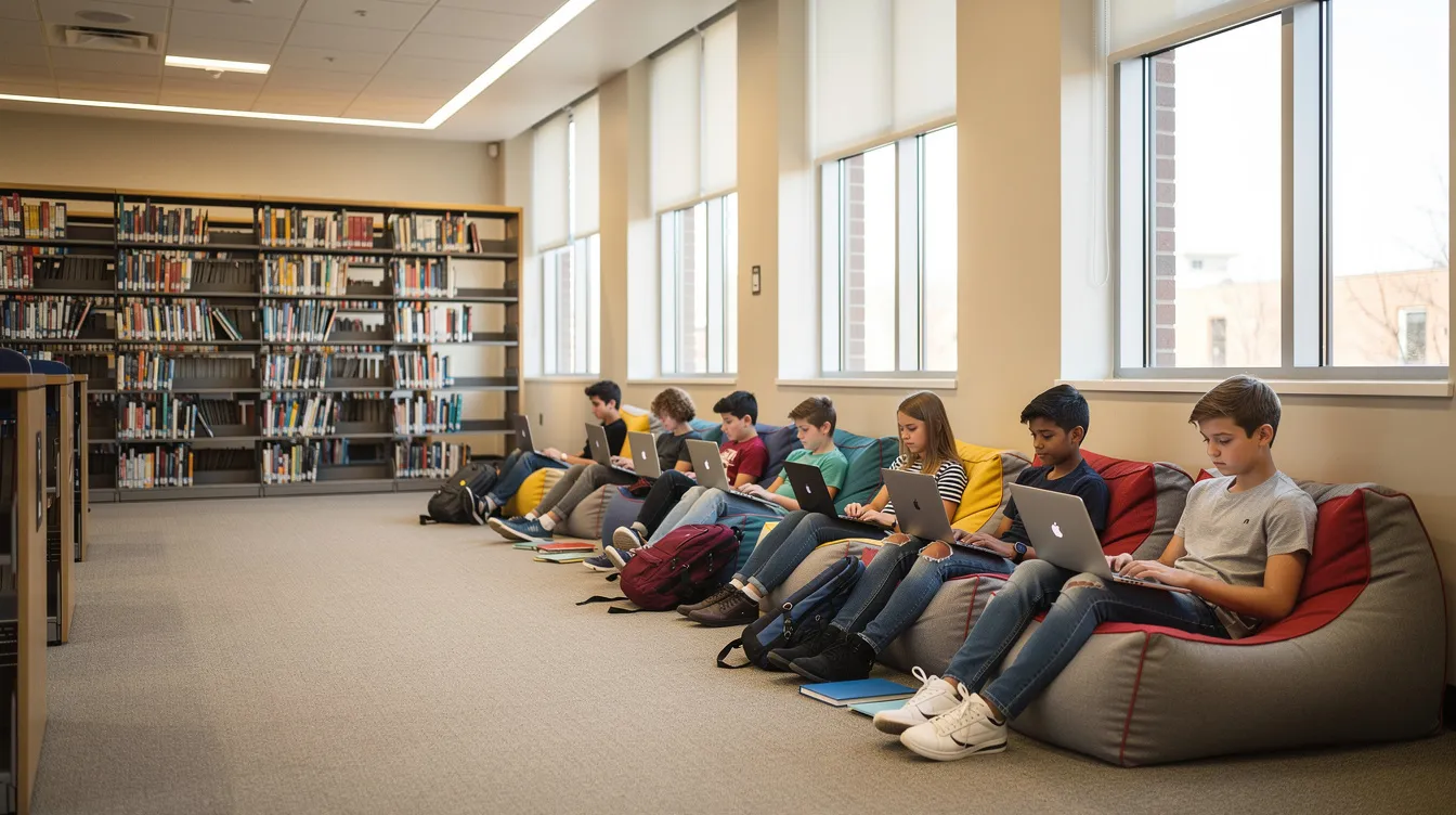 A group of teenagers is sitting on slim, colorful bean bag chairs against a wall in a modern school library, each focused on their laptops. The comfortable seating creates a cozy atmosphere for studying and collaborating in this small space.