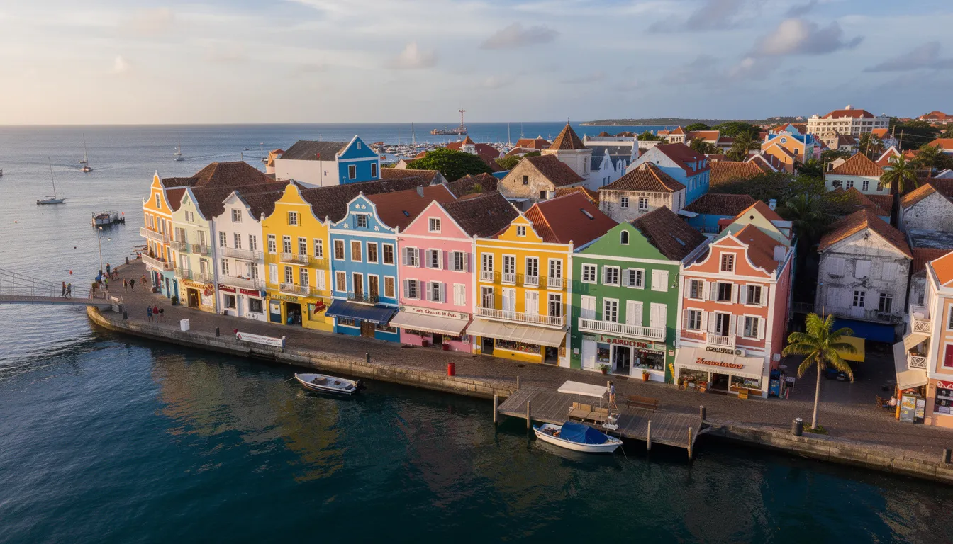 Luchtfoto van de levendige handelskade in Willemstad. Deze top locatie op Curaçao biedt een prachtig uitzicht en is een ideale plek voor onroerend goed investeringen, zoals luxe villa's en ruime appartementen.
