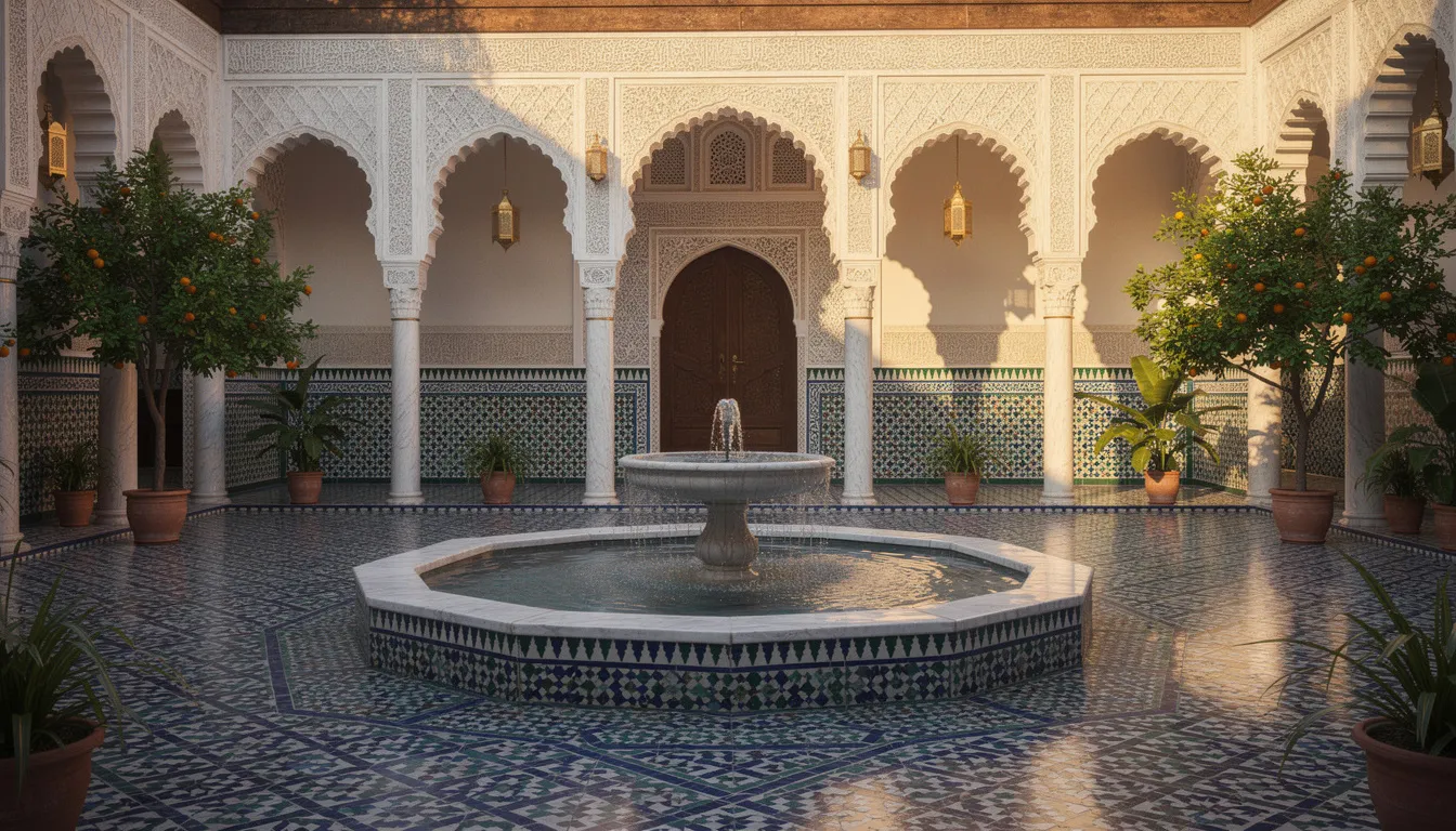 The image depicts an ornate courtyard of a Moroccan palace, showcasing intricate geometric tilework and beautifully carved plaster walls surrounding a central fountain. This stunning architectural feature reflects the rich history and artistry of Morocco, inviting visitors to explore its vibrant culture and hidden gems.
