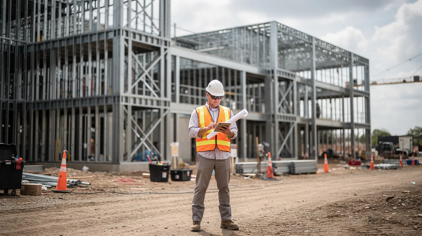 A construction superintendent stands on an active commercial jobsite, holding a tablet and overseeing the steel framing in the background. This scene highlights the critical role of project management in the construction industry, emphasizing the importance of managing risks and ensuring compliance with quality standards for successful project completion.