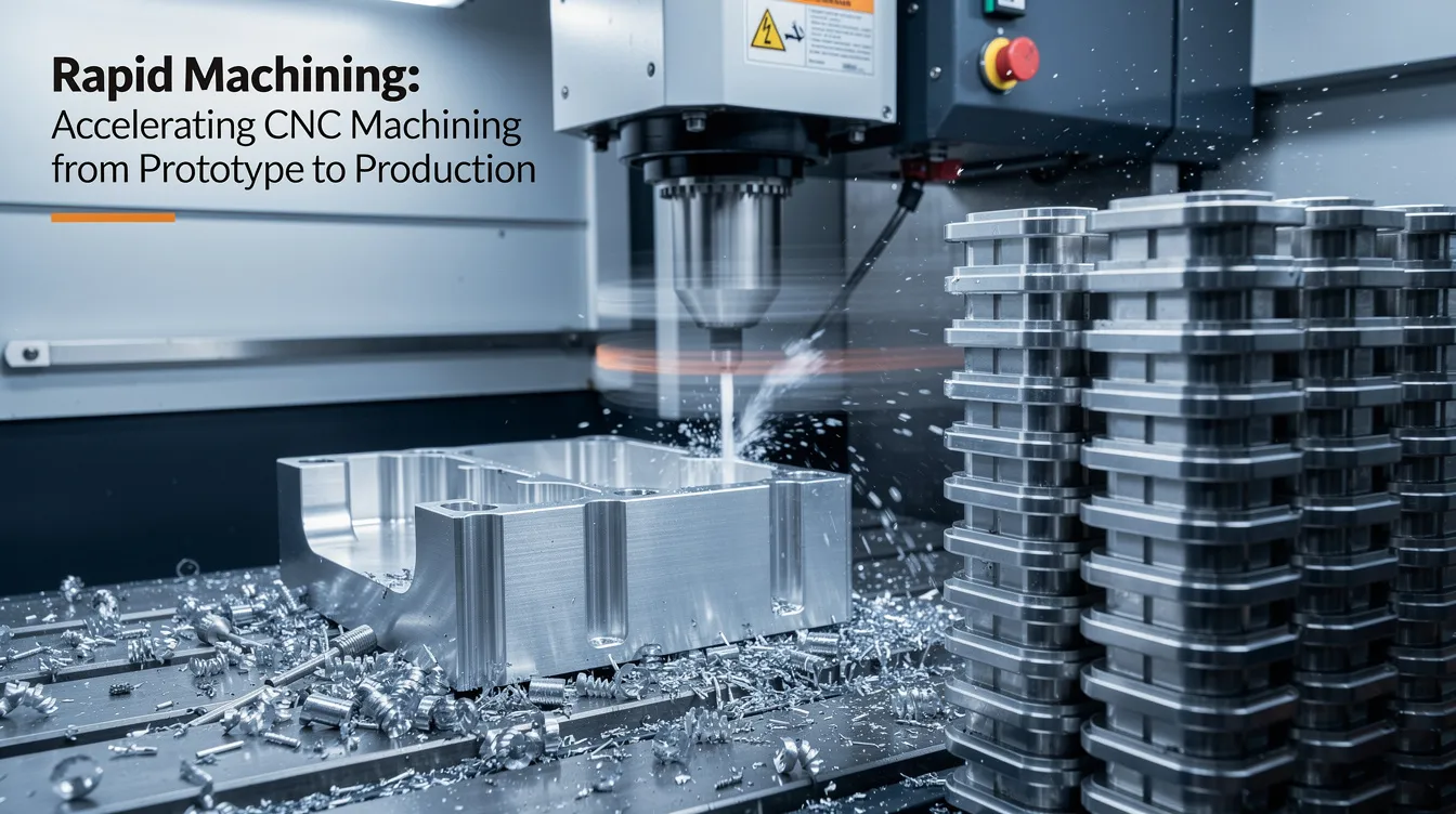The image showcases a modern CNC machining facility, featuring advanced CNC machines engaged in rapid machining services to produce high-quality prototypes and precision parts. The environment highlights the efficiency of the manufacturing process, emphasizing tight tolerances and the ability to create complex geometries for various applications across industries such as automotive and aerospace.