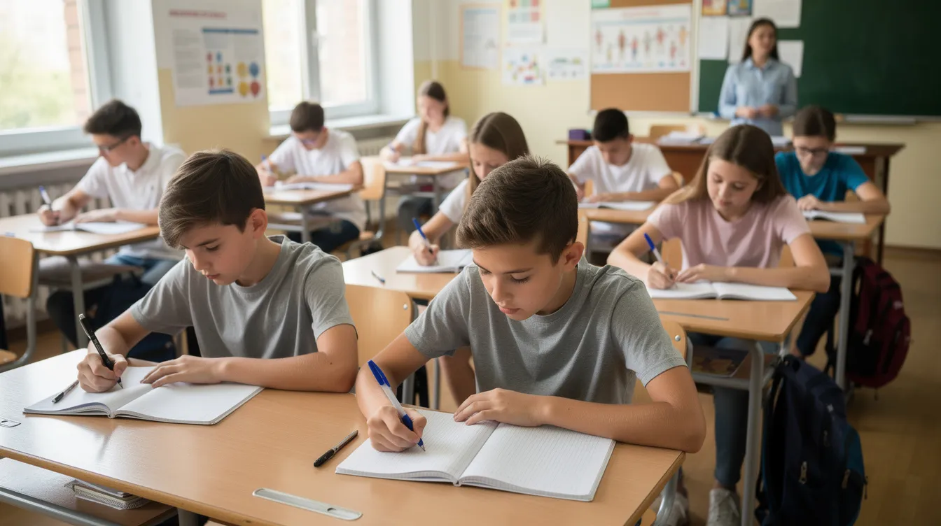 Na obrazku widać uczni&oacute;w w klasie 7, kt&oacute;rzy piszą sprawdzian przy ławkach, otoczeni zeszytami i długopisami. Na biurkach leżą arkusze z pytaniami dotyczące języka polskiego i angielskiego, a uczniowie skupieni są na pisowni i opisie temat&oacute;w.