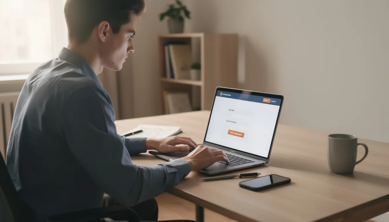 A person is seated at a desk, focused on their laptop as they submit online job applications, navigating through various job postings and tailoring their resume to meet specific job descriptions. The scene reflects the modern job search process, where applicants aim to create an ATS-friendly resume to pass through the robot gatekeeper of applicant tracking systems.