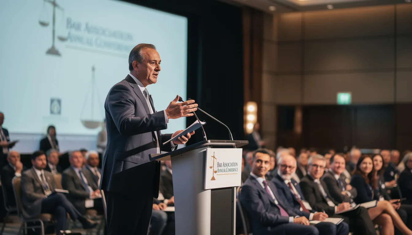 An attorney is passionately speaking at a professional conference, addressing an audience of legal professionals about the importance of search engine optimization (SEO) for law firms. The event highlights strategies for improving online visibility, enhancing search engine rankings, and attracting more prospective clients through effective digital marketing efforts.