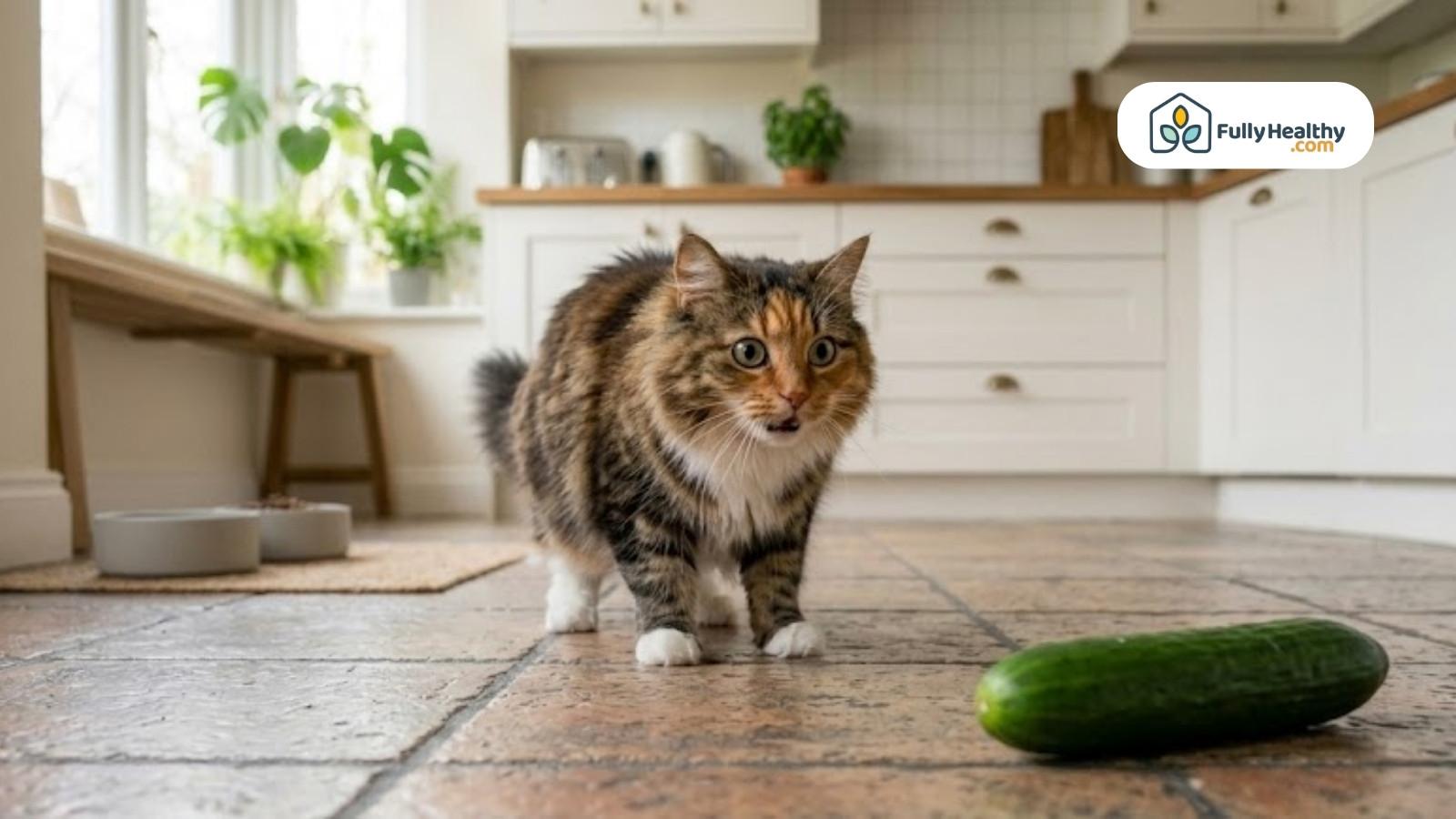 Curious cat cautiously approaching cucumber on kitchen floor