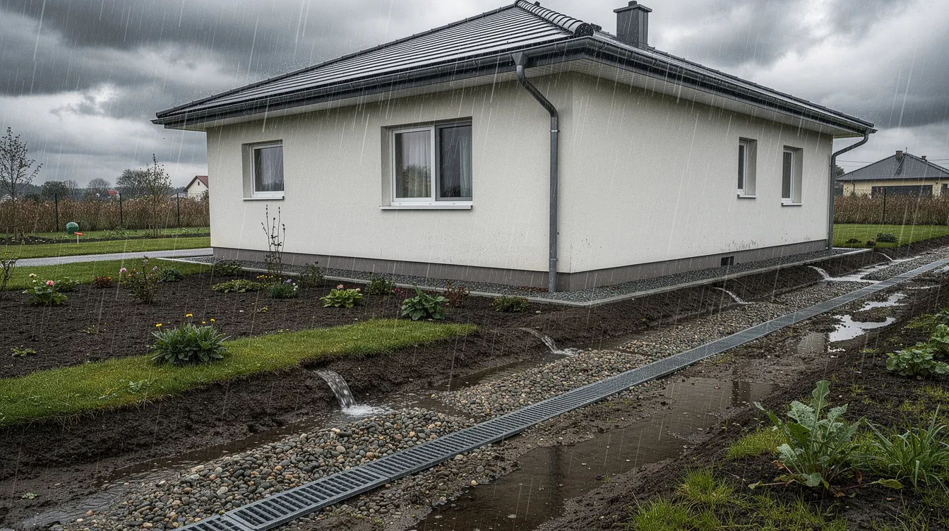 Une maison entourée d'un jardin reçoit de la pluie, avec des zones de drainage visibles sur le sol pour gérer les eaux pluviales. Ce système d'infiltration permet d'éviter les inondations en facilitant le ruissellement et l'évacuation de l'eau.