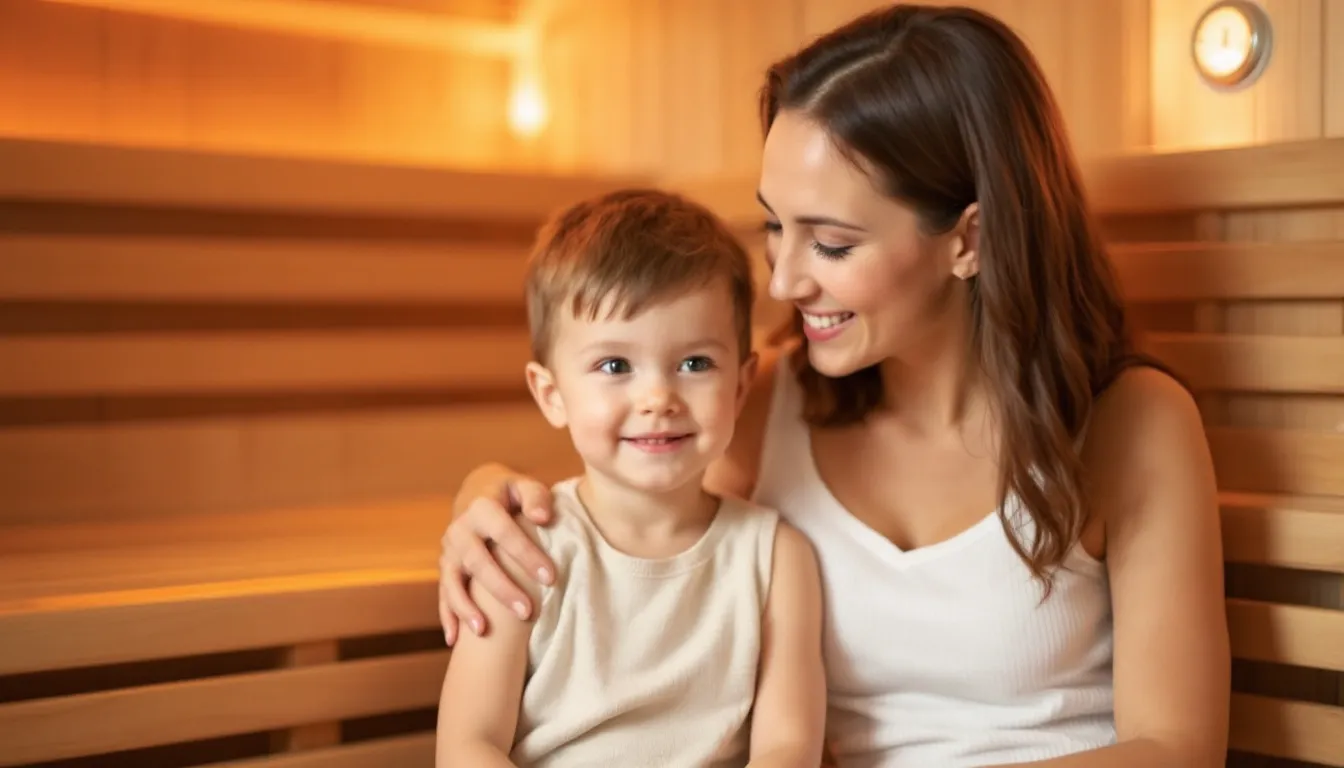 A parent supervising their child in an infrared sauna, emphasizing safety precautions and guidelines.