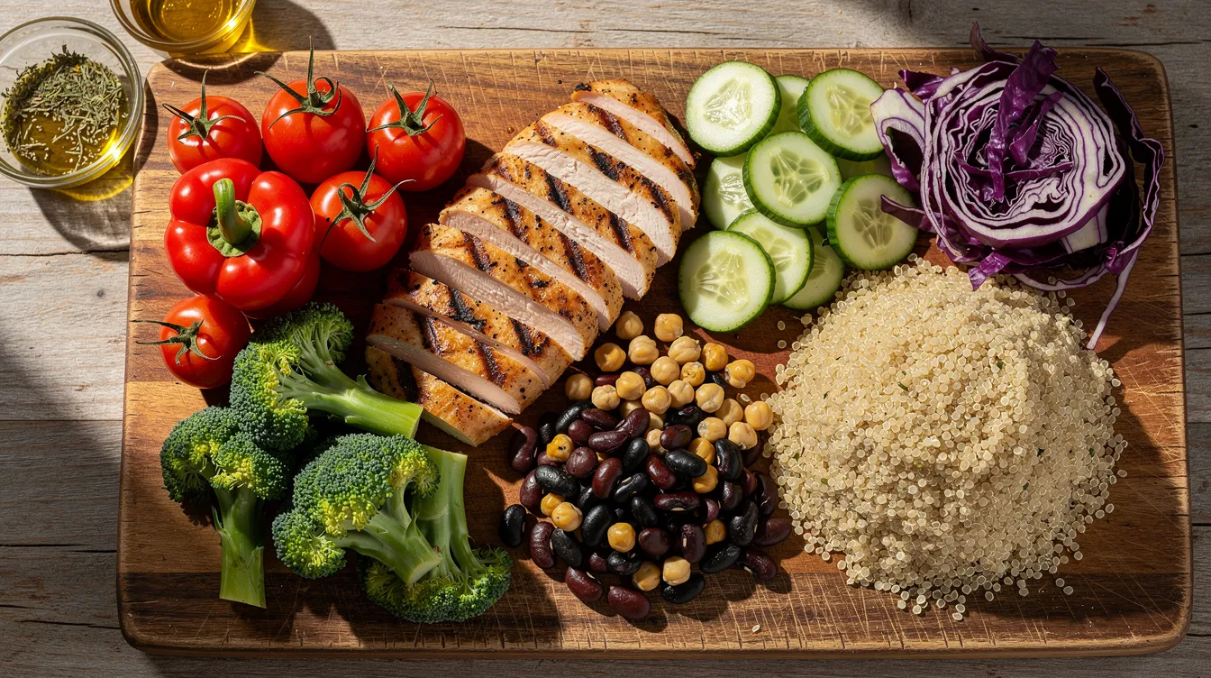 The image features a wooden chopping board filled with fresh meal prep ingredients, including grilled chicken breast, vibrant vegetables like crisp cucumbers and roasted red peppers, quinoa, and beans, all arranged neatly for a healthy, protein-packed lunch. This colorful display showcases a variety of healthy fats and lean proteins, perfect for creating satisfying meal prep options.