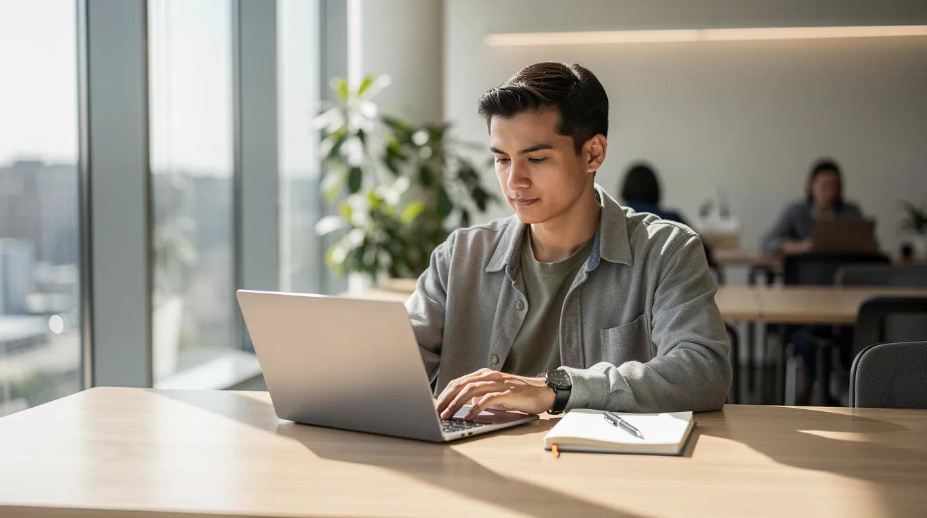 Une personne est assise à une table dans un espace de coworking lumineux, entourée de plantes, avec un carnet de notes ouvert et un ordinateur portable devant elle. Cet environnement favorise le bien-être et la motivation, tout en soulignant l'importance de l'évolution professionnelle et des nouvelles compétences dans le monde du travail.