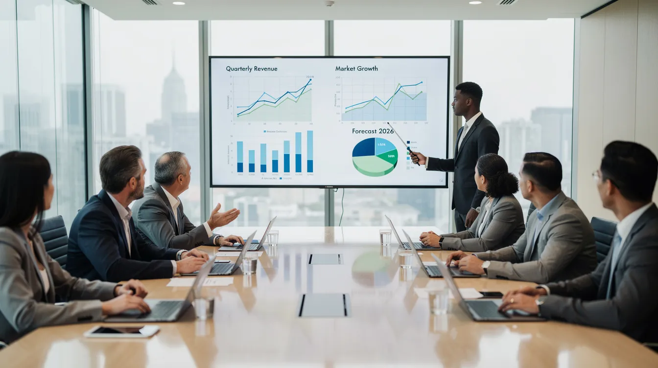 The image depicts a group of professionals in a modern office meeting room, actively discussing and reviewing financial charts displayed on a screen. They are engaged in a collaborative atmosphere, likely exploring franchise business opportunities and strategies for growth.