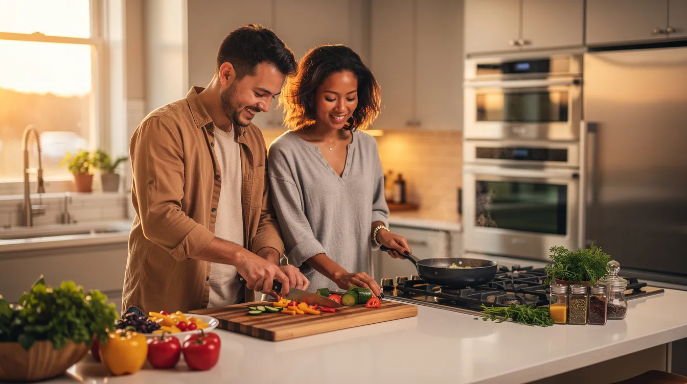 In a cozy home kitchen, two people are cooking dinner together, enjoying a relaxed atmosphere filled with laughter and shared interests. This scene reflects the essence of a strong relationship, highlighting the importance of healthy communication and mutual respect in romantic partnerships.