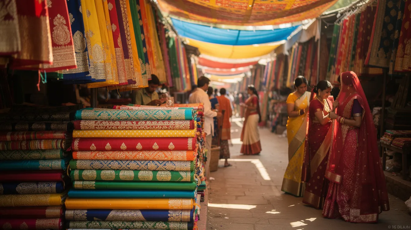 17019585 252e 479a 9689 540560d5b78c The image depicts a vibrant outdoor textile market filled with rows of colorful fabric rolls and sarees displayed under canopy stalls, showcasing the rich diversity of saree designs. This lively setting reflects the saree business's potential for growth and customer attraction in the fashion industry.