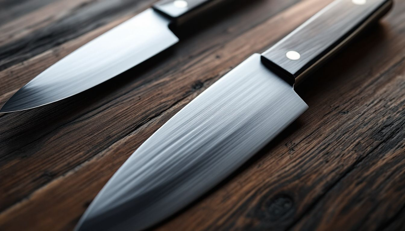 A collection of white steel knives arranged on a wooden surface.