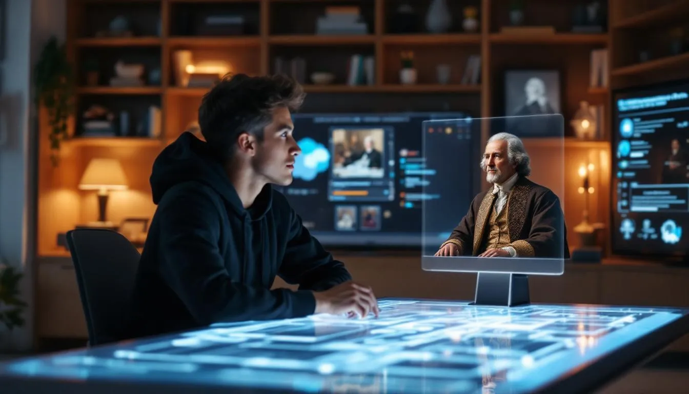 The image depicts a futuristic classroom where students engage with a conversational AI mentor, seamlessly integrating technology and historical figures into their learning journey. The AI utilizes natural language processing and machine learning to provide real-time insights, making education more accessible and interactive for learners.