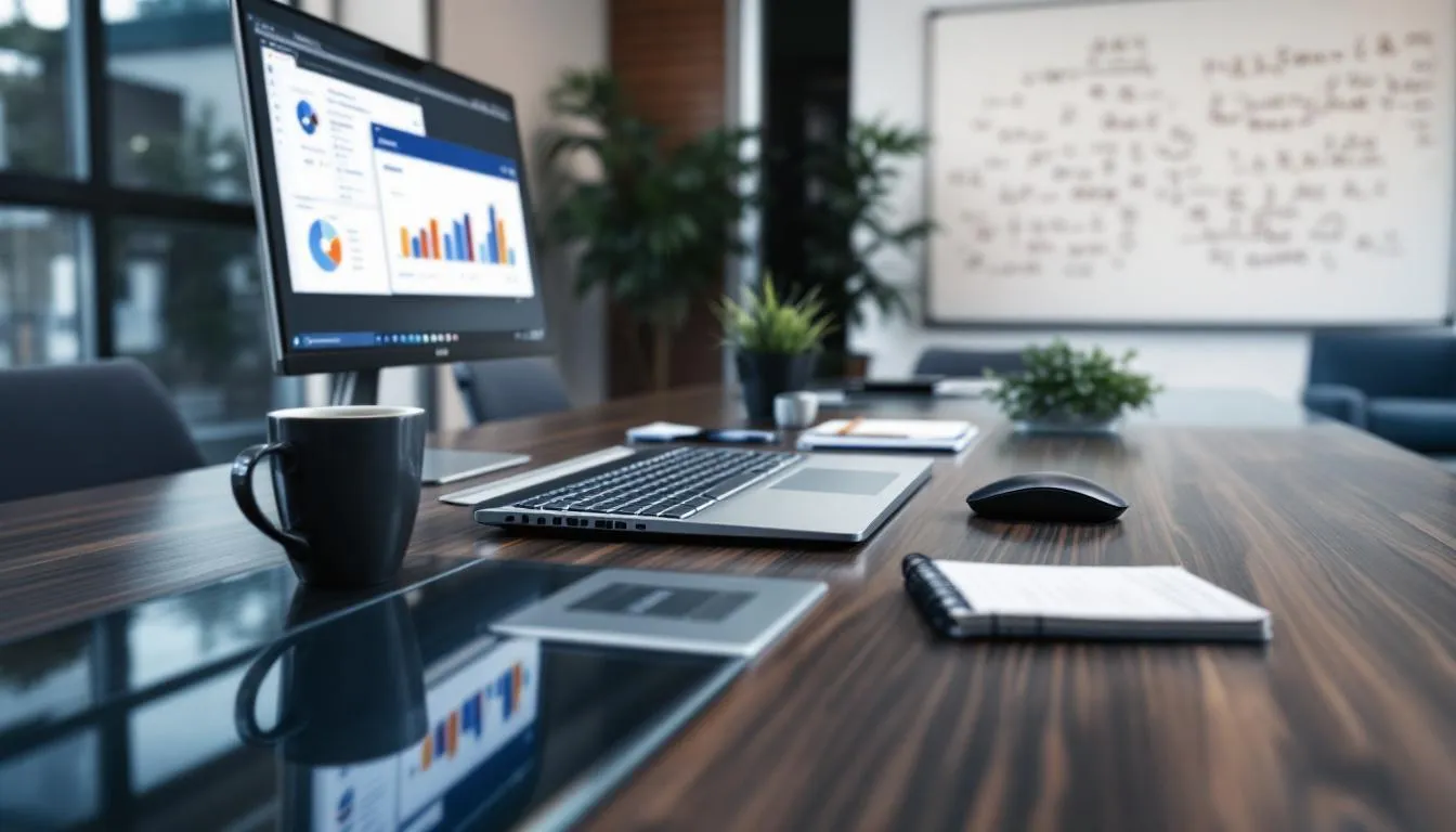 Dans une salle de conférence moderne, un ordinateur portable haut de gamme est posé sur une table, entouré d'outils de présentation. Ce setup professionnel, idéal pour les commerciaux et consultants itinérants, met en avant un écran Full HD, un processeur Intel Core i7 et une connexion Wi-Fi 6, offrant des solutions efficaces pour les réunions et le travail quotidien.