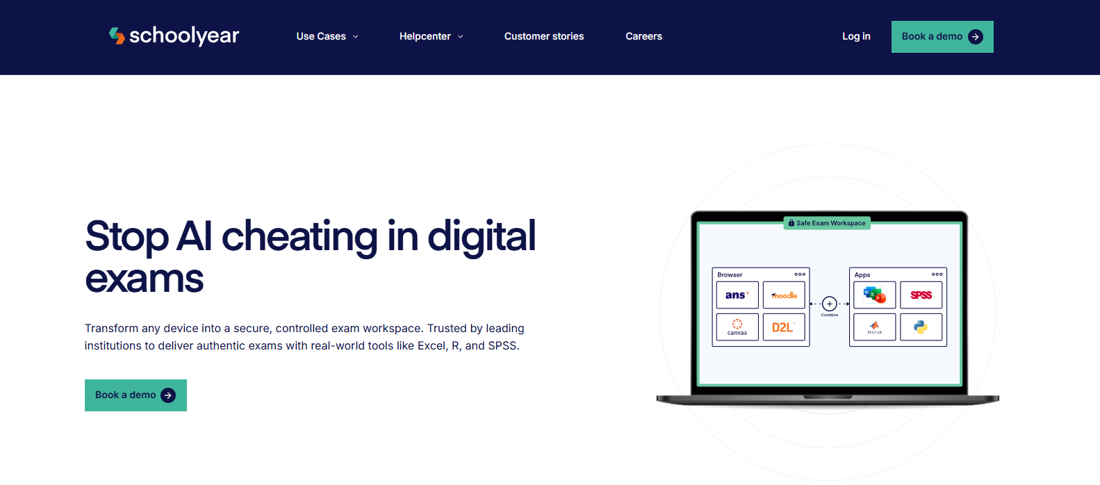 Schoolyear homepage showcasing AI-resistant online exam software with secure digital testing, controlled exam workspaces, and academic integrity solutions for educational institutions.