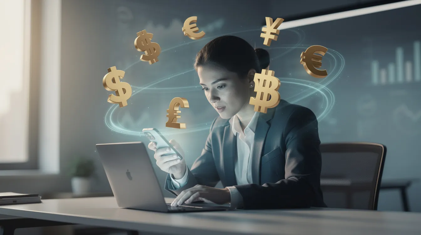 A person sits at a desk, focused on using a laptop and smartphone, surrounded by floating currency symbols representing multiple currencies. This scene illustrates the importance of managing personal and business finances, highlighting the need for a wise business account to handle international transactions efficiently.