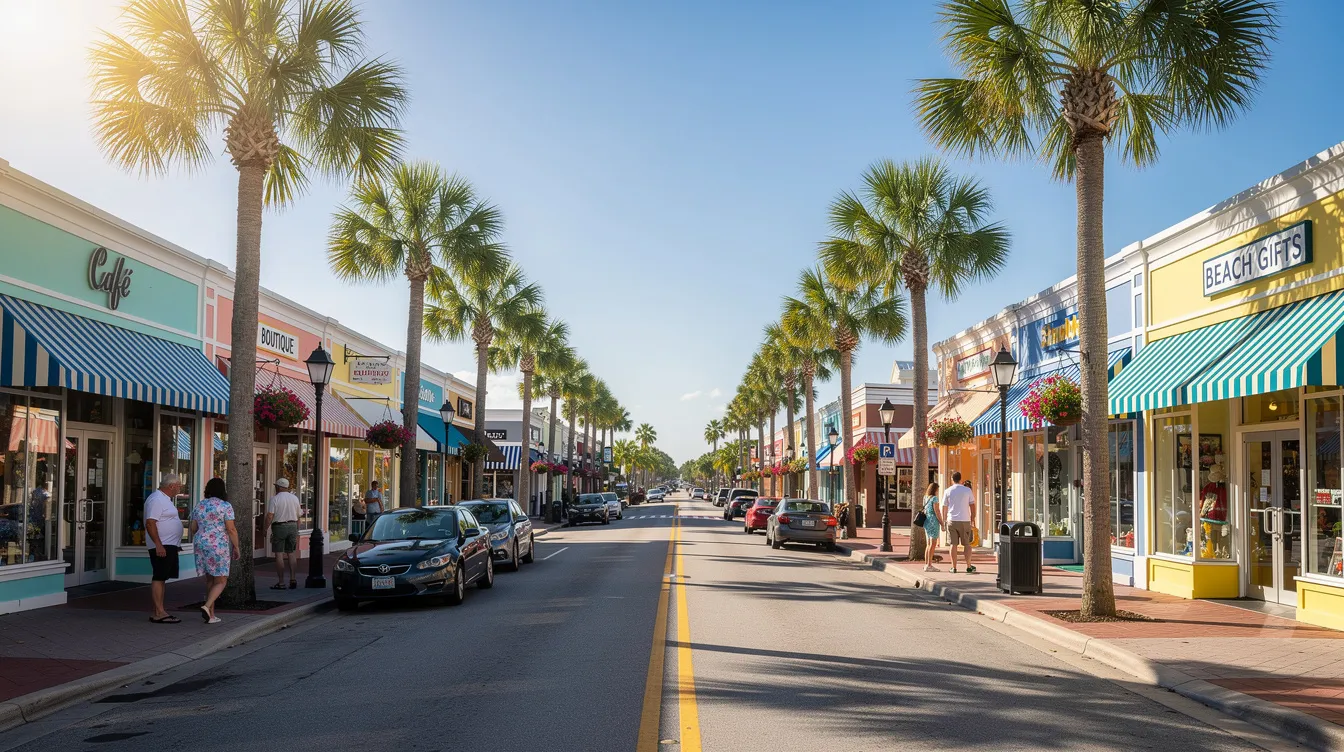 The image depicts a vibrant main street in sunny Florida, lined with small business storefronts and swaying palm trees, showcasing the charm of local businesses in Ocala. This lively scene highlights the importance of local SEO strategies for enhancing online visibility and attracting potential customers to these shops.