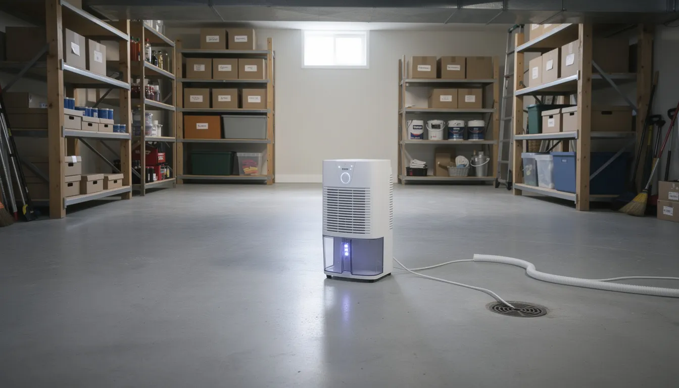 A dehumidifier is actively running in a basement with concrete floors, where various stored items are organized on shelving. This setup helps to manage indoor humidity levels and prevent mold growth, reducing the risk of mold exposure and associated health problems.