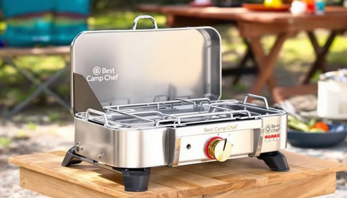 The image showcases the Camp Chef Explorer 2 Burner stove, designed for outdoor cooking with two powerful 30,000 BTU burners. It features a sturdy construction, removable legs for easy transport, and a three-sided windscreen, making it ideal for camping trips and outdoor use.
