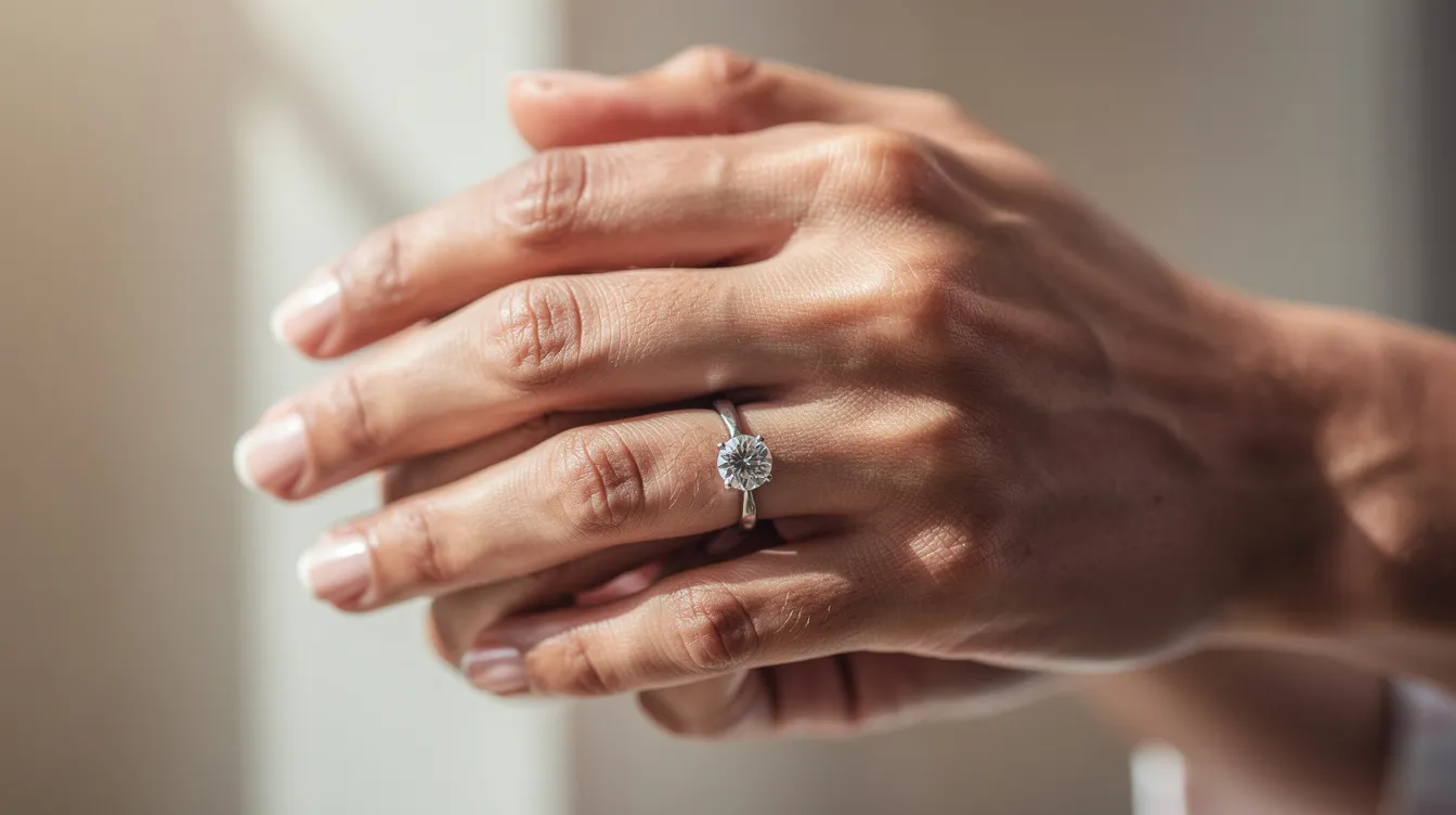 The image features two hands intertwined, showcasing a stunning engagement ring with a brilliant moissanite stone at its center, set in a delicate rose gold metal setting. The ring exhibits exceptional brilliance and light performance, reflecting rainbow-like flashes that highlight the unique characteristics of moissanite jewelry.