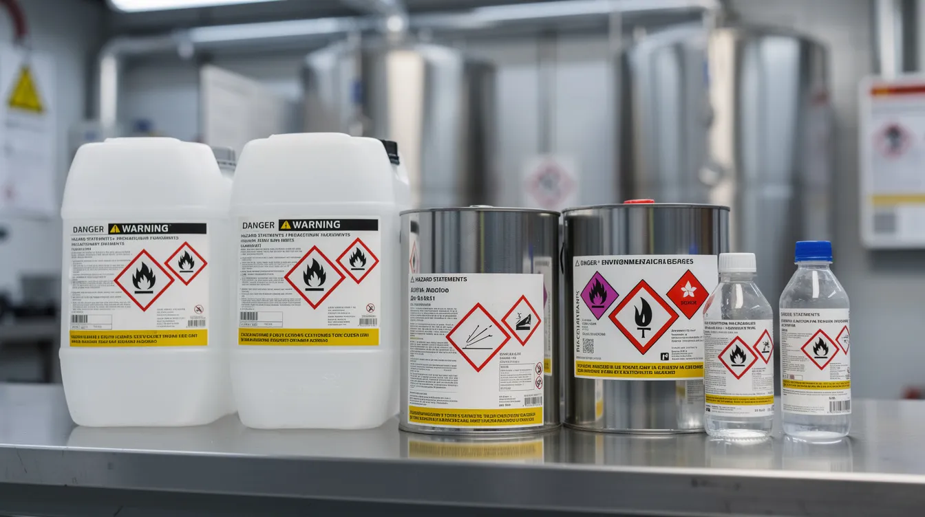 The image displays various safety warning labels and hazard symbols on industrial chemical containers, indicating the presence of hazardous substances and the need for appropriate personal protective equipment. These labels serve as crucial reminders of the potential risks, such as chemical exposure and injury claims, associated with handling dangerous chemicals in the workplace.