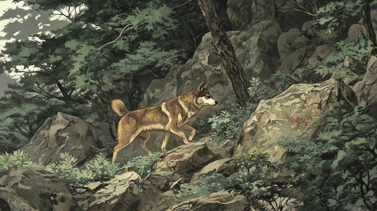 An historical image of a lone Shikoku hunting in a rugged forest